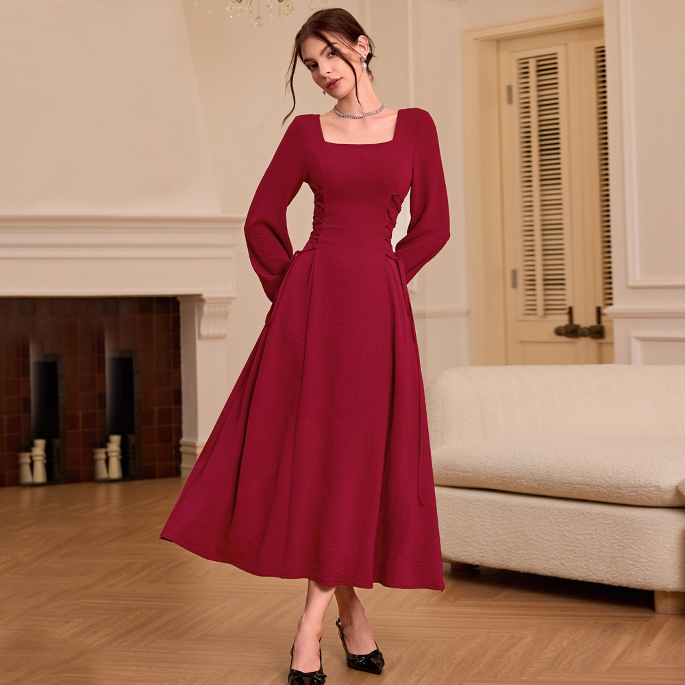French Square Neck Burgundy Long Sleeve Dress Vintage Style Slim Fit Autumn Winter Wholesale Available