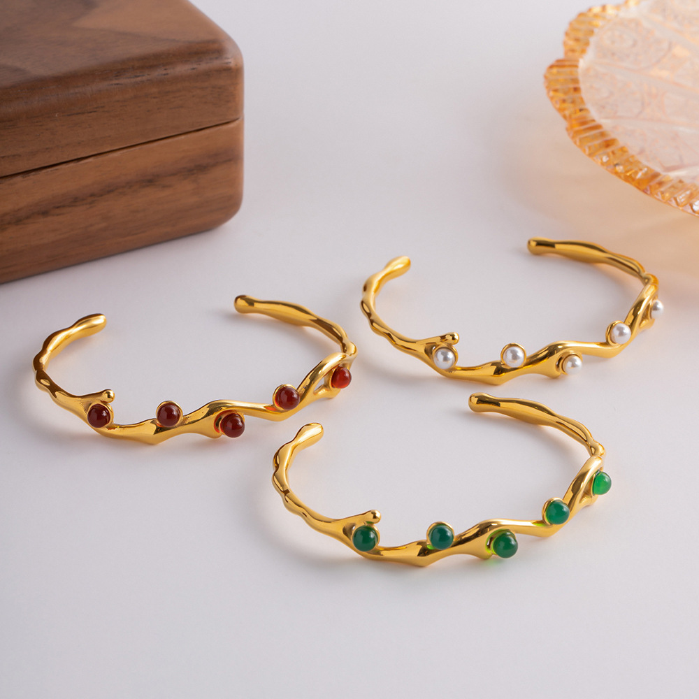 Retro Geometric Stainless Steel Plating Natural Stone Bangle 1 Piece