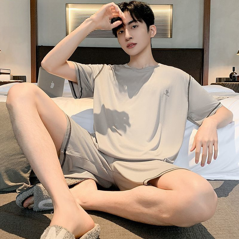 남성 잠옷 여름 반팔 모달 아이스 실크 얇은 플러스 사이즈 캐주얼 심플 여름 남성 홈웨어 세트