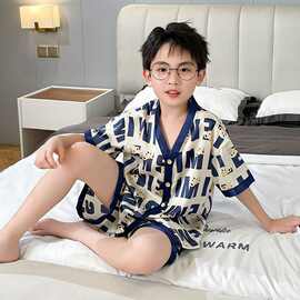 儿童睡衣男童女童夏季薄款冰丝短袖青少年卡通套装男孩空调家居服