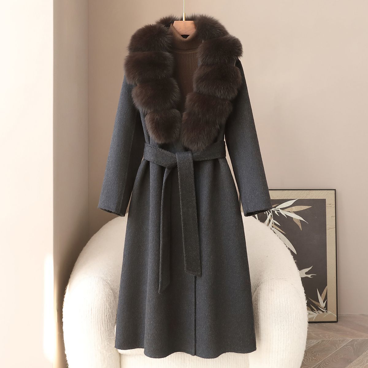 Small Quantity of Clothing 2025 Winter New Product 100% Wool Long Woolen Outwear Fox Fur Collar Double-Sided Nylon Jacket for Women