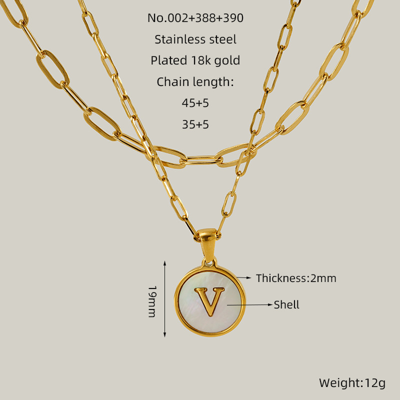 Transfronterizos de moda europea y americana de doble concha collar de acero inoxidable chapado en oro redondo 26 letras inglesas colgante collar mujer
