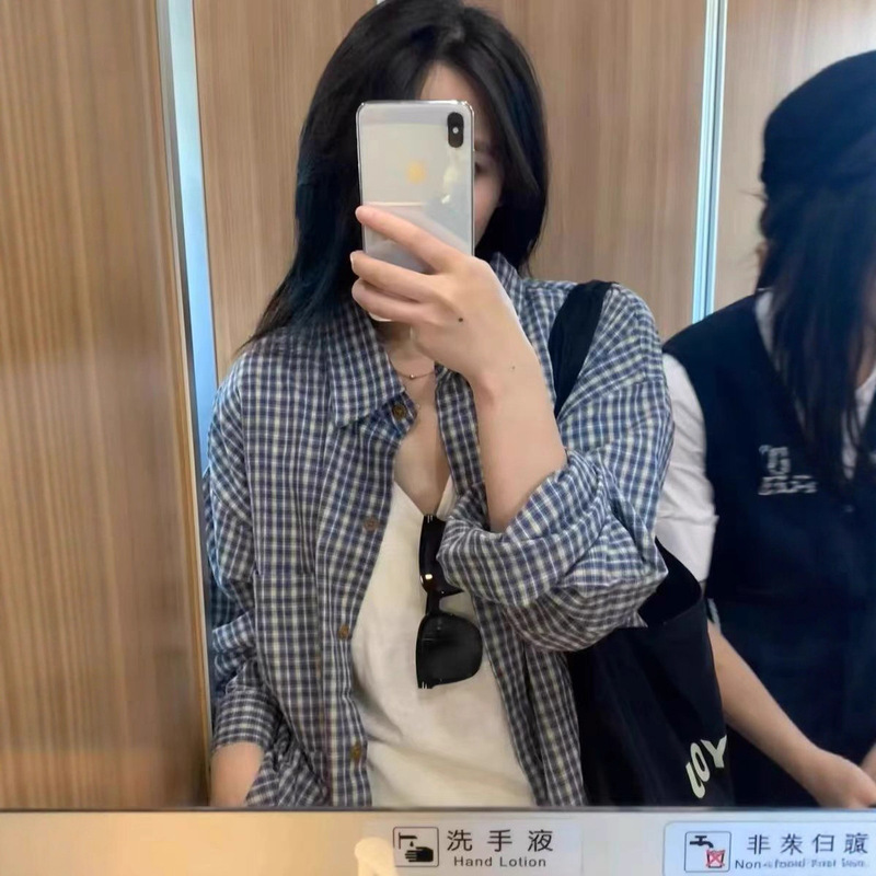 现货韩系格子衬衫女早秋新款百搭宽松慵懒风上衣外搭格纹衬衣外套|undefined
