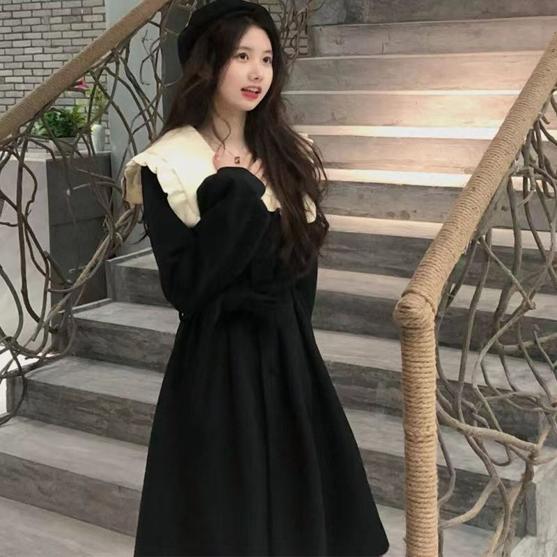 2024 New Black Elegant Vintage Doll Collar dress Lace-Up Dress