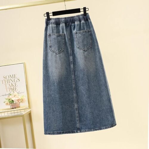 Women's Large Size Denim Half Body Skirt for 2025 Spring with Drawstring High-Waist Slimming Versatile Elastic Waist Slit Medium-Length Fashion Skirt