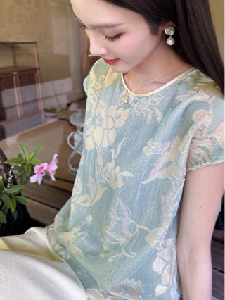 Summer New Style Silk Velvet Gold Thread Burnt Flower Shoulder Sleeve Top Short-Sleeved Shirt 16