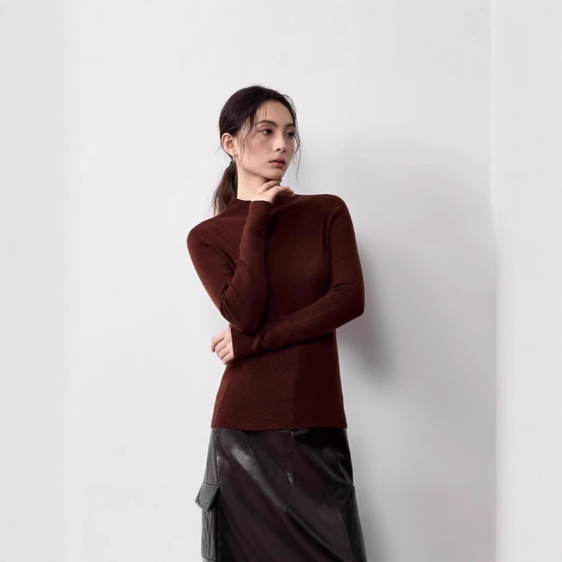 First-Line Ready-To-Wear Knitted Solid Color Sweater for Women, Half-High Collar, Casual Cashmere and Mulberry Silk Blend Base Shirt, Fine Wool