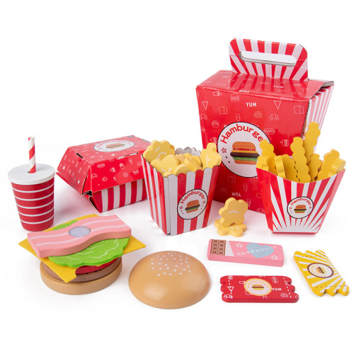 Children's wooden hamburger fries family bucket set combination simulated kitchen play house food gift toys