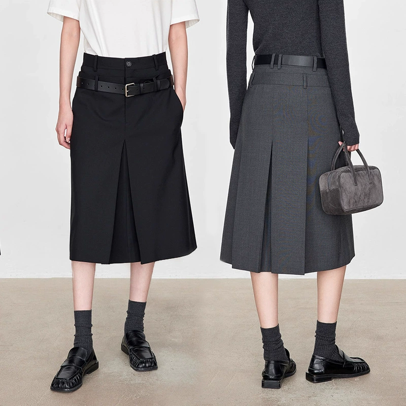 Kaisixiu 2024 осень-зима новая юбка из плотной шерстяной ткани с эффектом стройности, двойной пояс, высококачественная плиссированная юбка-трапеция для женщин.