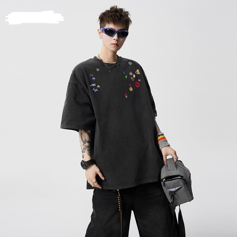 アメリカン楽しいステッカー印刷半袖男性と女性の夏のヘビートレンディなハイストリートTシャツハイストリートルーズ半袖トップ|undefined