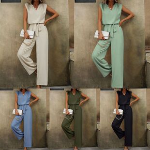 Summer 2025 US Cross-border Amazon Solid Color Sleeveless V-neck Loose Top Lace Wide Leg Pants Casual suit