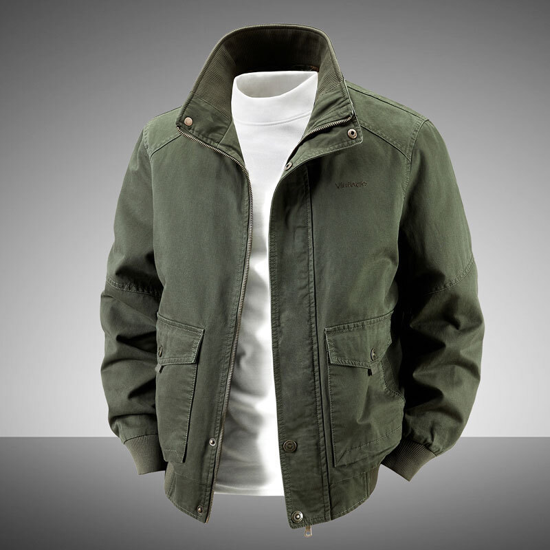 Men's Work Jacket for Spring and Autumn, Multi-Pocket, Loose, Casual, Versatile Coat for Middle-Aged Men, Pure Cotton Stand Collar