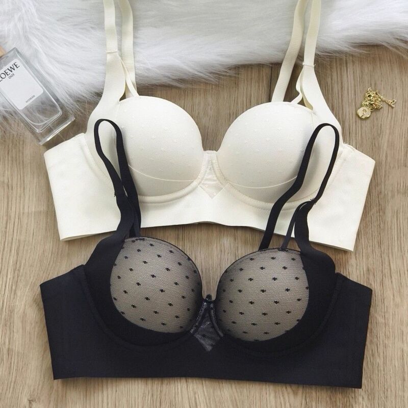 French Polka Dot Half Cup Sexy Lace Women's Underwear Small Breast Push up Soft Support Bra