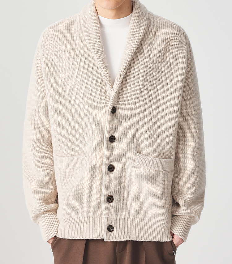 Áo khoác dệt kim len Merino nam tay raglan cổ lọ — Màu be chi tiết 5