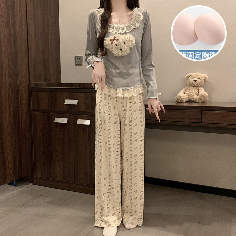 带胸垫睡衣女春秋季新款人棉长袖长裤韩系花边卡通休闲家居服套装|undefined