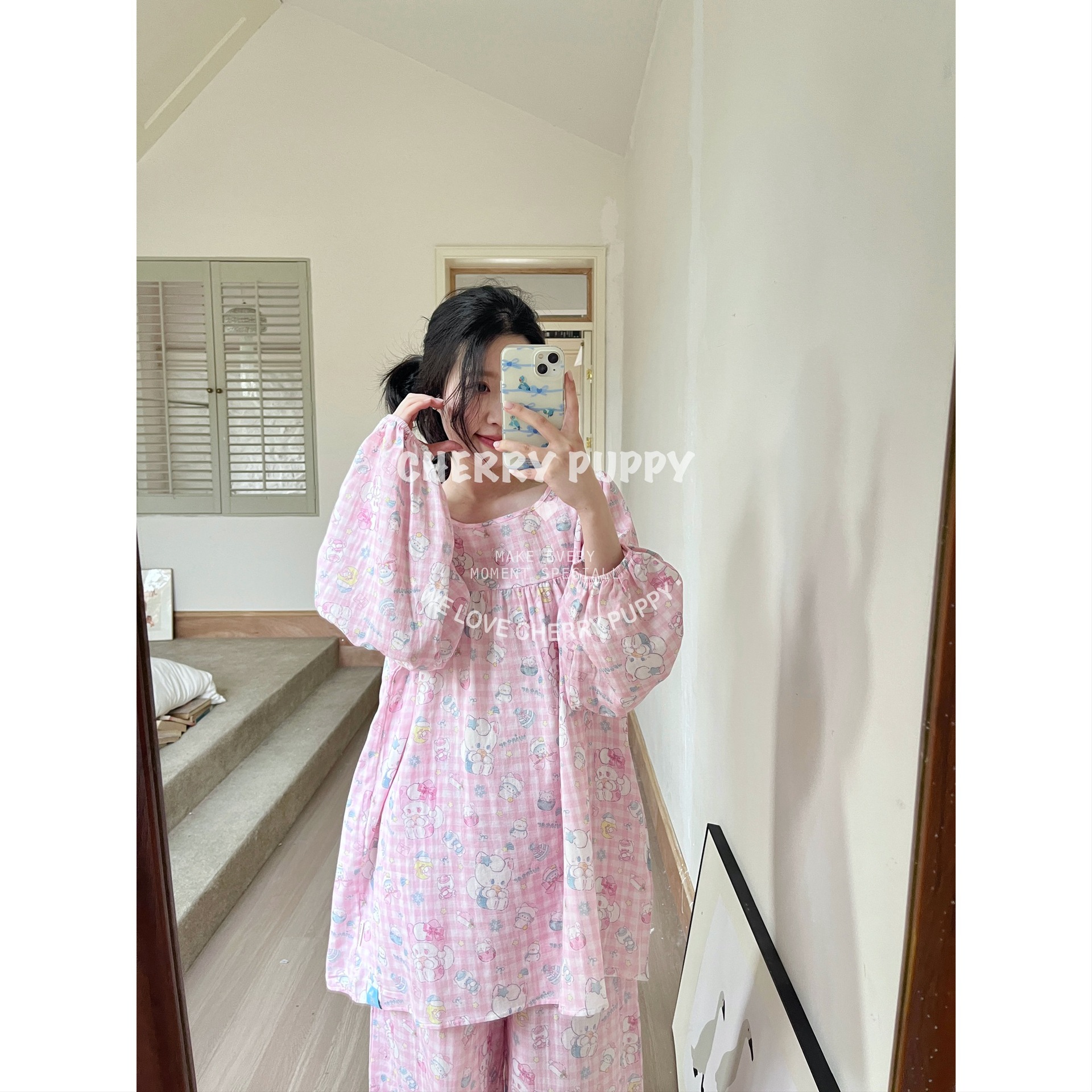 雪球猫猫 长袖长裤套装格纹双色双层棉纱A类睡衣居家服舒适宽柔软