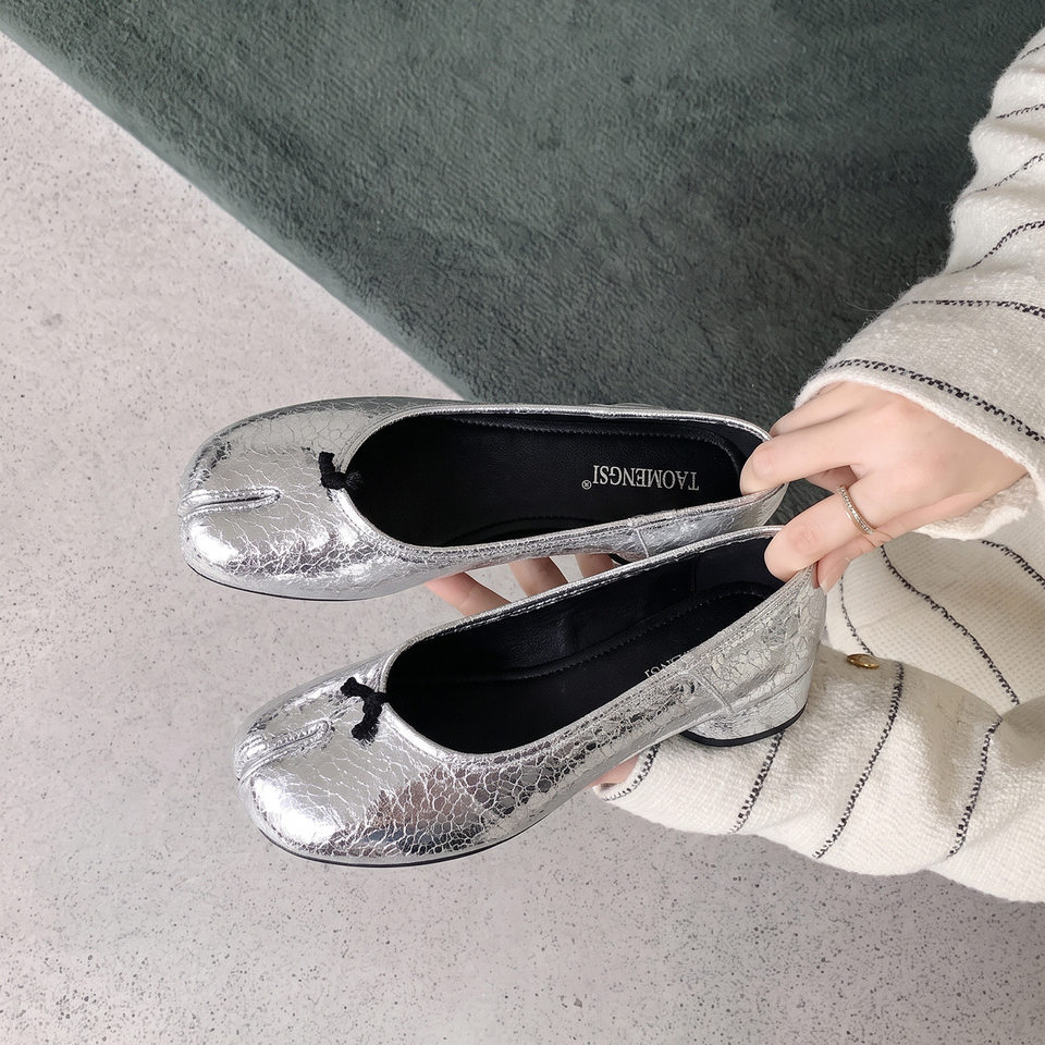 Giày búp bê nữ mũi tách ngón gót thô 3–6 cm, kiểu Mary Jane thời trang, dễ xỏ chân — bạc, màu mơ, Điểm sóng Đen, đen