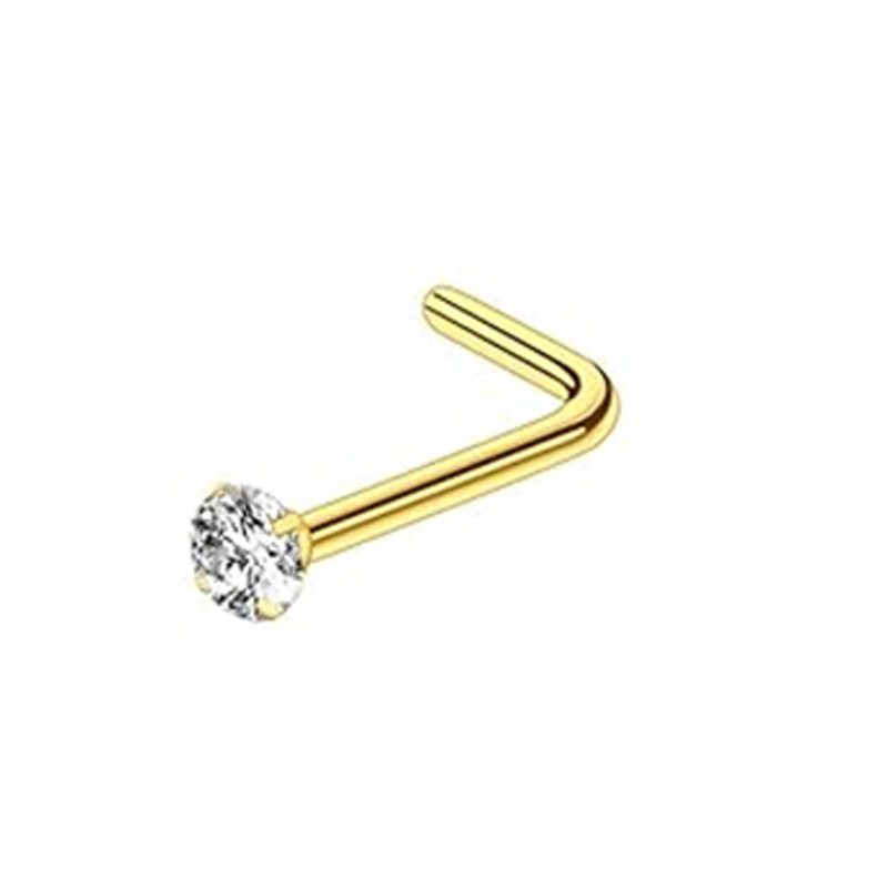 Stainless Steel Nose Stud With Zircon Stone L-shaped Piercing_voghion.com