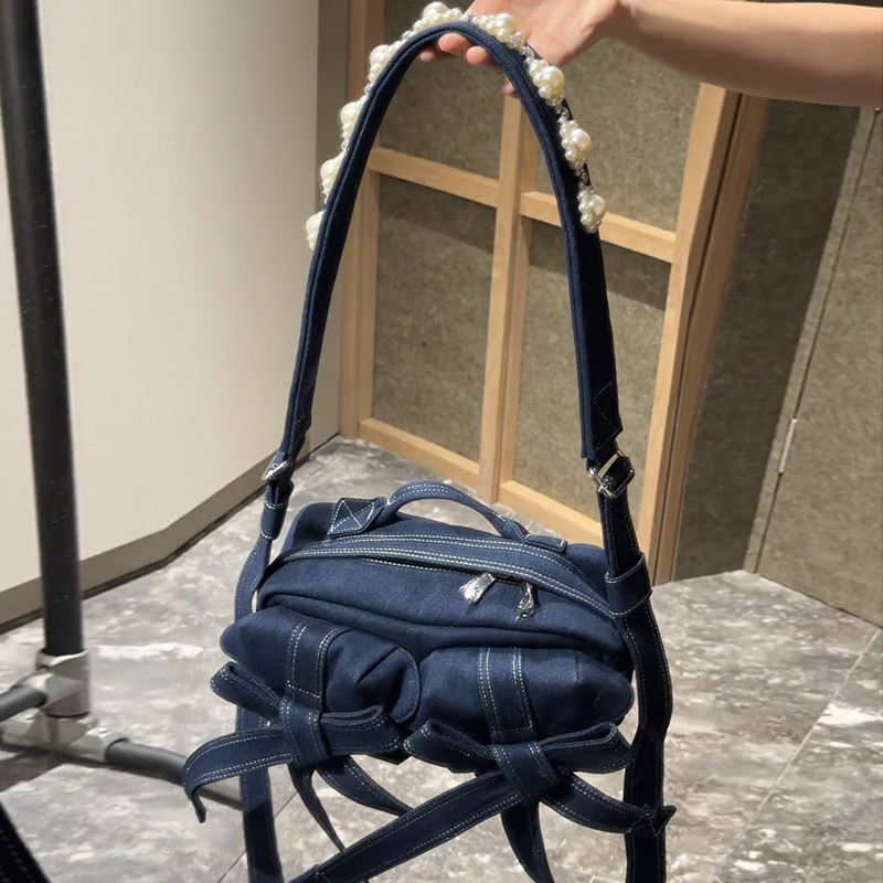2025新款牛仔包包女珍珠手提包通勤百搭单肩包斜挎包蝴蝶结腋下包|undefined