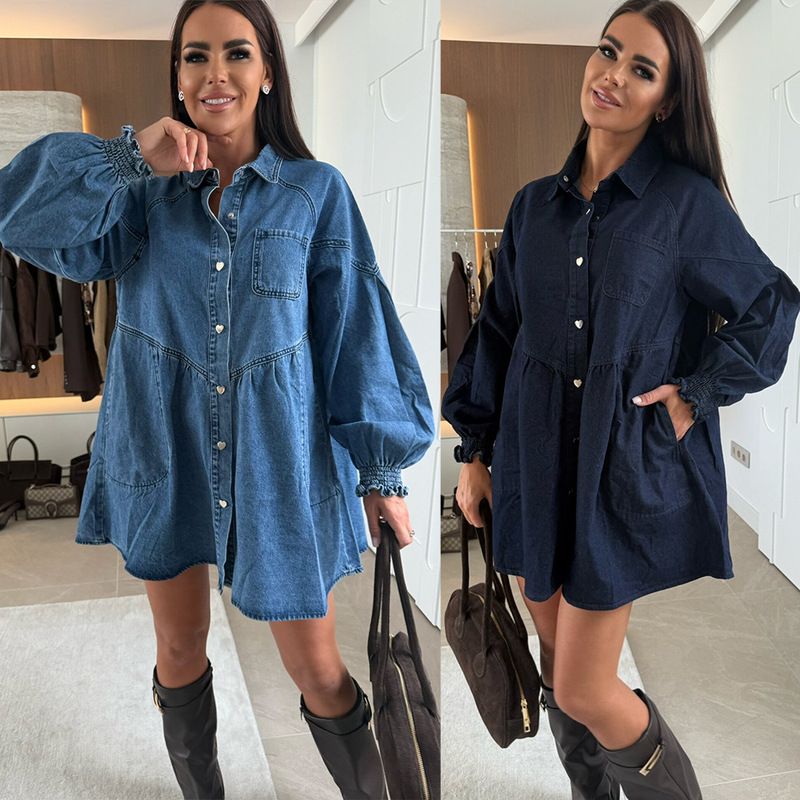 2025 European and American Cross-Border Export Women's Fashion Casual Shirt Button Long-Sleeved Denim Dress 89233