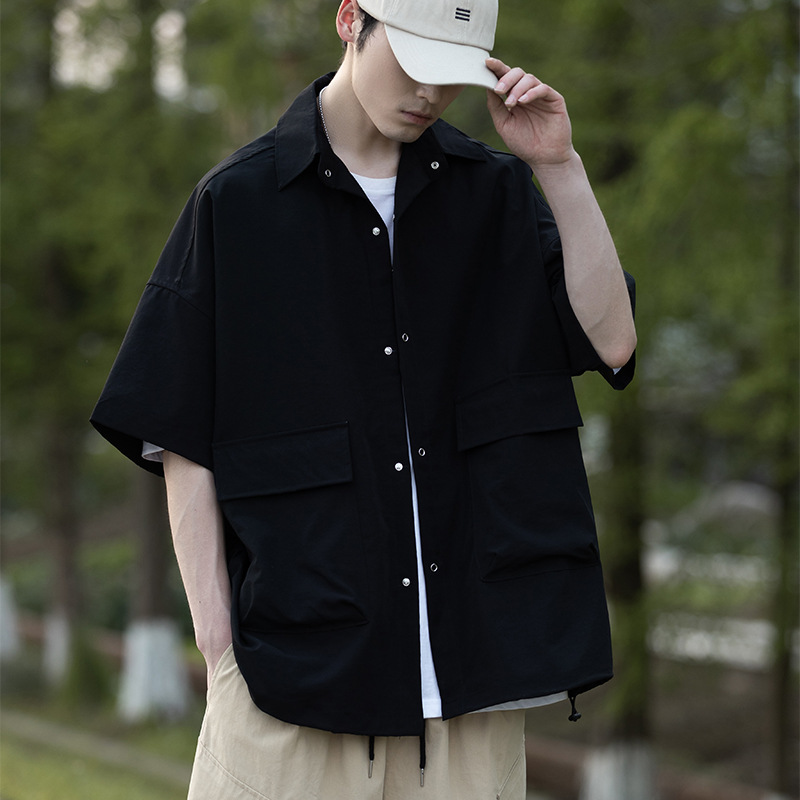 Summer men's New Japanese style men's multi-pocket workwear shirt Youth student washed short sleeve shirt jacket