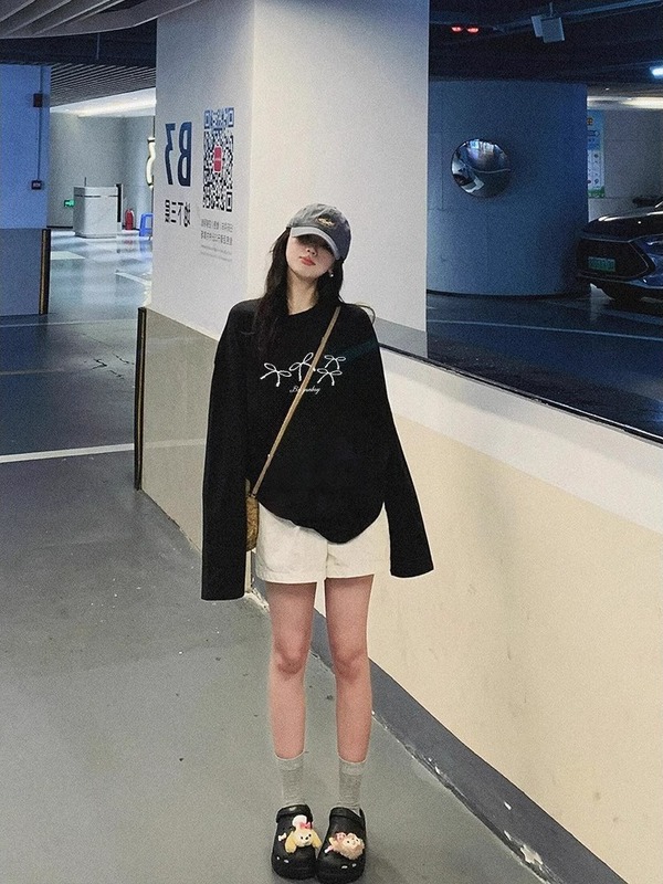胖mm韩系蝴蝶结大码长袖T恤女2025早春宽松黑色打底衫内搭上衣ins|undefined