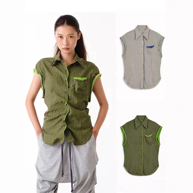 Korean Quality Yy26 Summer New Color Block Metallic Yarn Transformable Plaid Pleated Short-Sleeve Shirt Top for Women Korean Quality Yy26 Summer New Color Block Metallic Yarn Transformable Plaid Pleated Short-Sleeve Shirt Top for Women