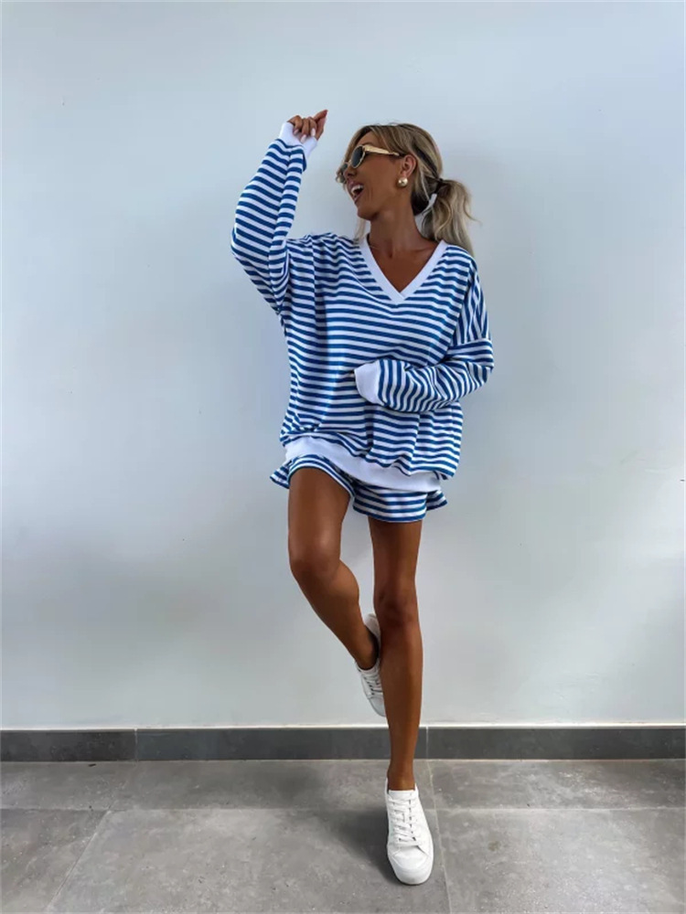 Summer New Women's Casual Striped Long Sleeve V-Neck Loose Top Sports Shorts 2-Piece Set For Women_ecoleips.com