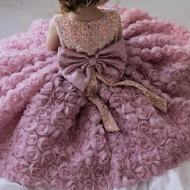 Vestido de un año de edad vestido de princesa elegante ropa para niños vestido de hadas de flores de Rosa 2024 nuevo vestido de niña de princesa de estilo occidental
