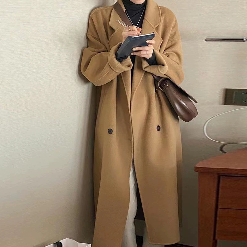 Long demi-season woolen coat, mid-length, for teenagers, loose fit