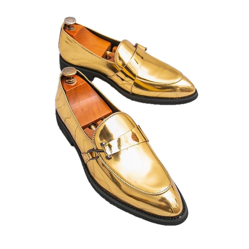 Zapatos Lefu de charol brillante transfronterizo de gran tamaño para hombre, zapatos de cuero puntiagudos, zapatos de hombre, zapatos de cuero blanco dorado 38-46