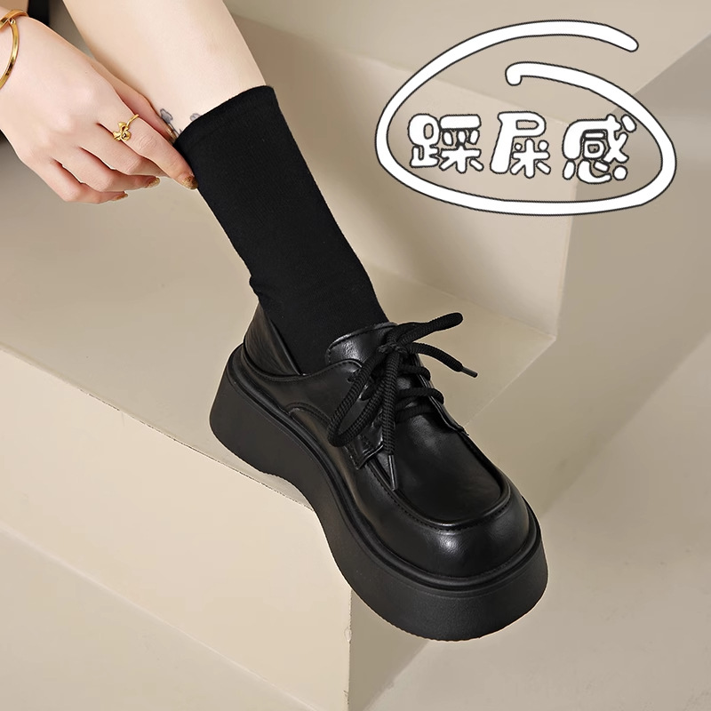 Autumn black loafers platform, Mary Jane shoes, Collection Year 2025, suitable with a skirt, genuine leather, height increasing
