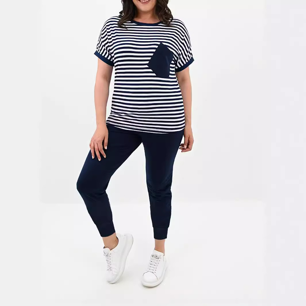 Women's Striped Casual Top Two Piece Set with Solid Color Pocket Slim Fit Trousers Short Sleeved Top Elastic Waist_voghion.com