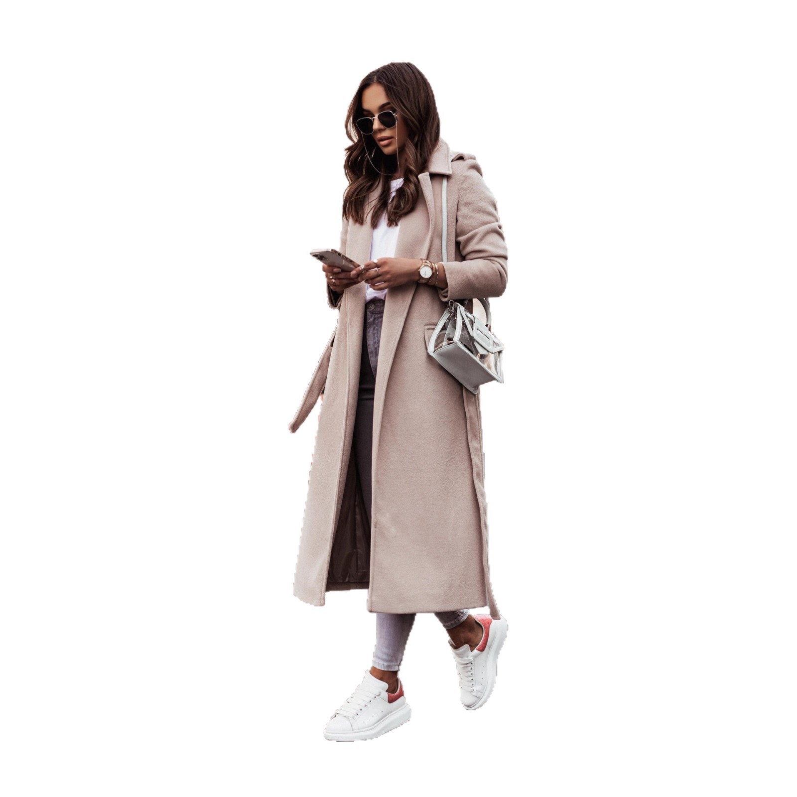 Abrigo de Lana con Cinturón para Mujer de Lana y Poliéster Elegante para Otoño e Invierno