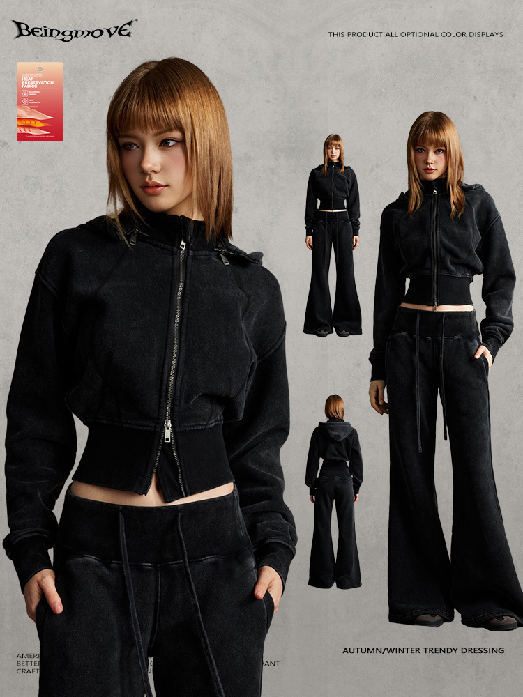 Calle secada| 2025 otoño europeo y americano retro peludo corto cardigan encapuchado cremallera cintura sudadera chaqueta mujer