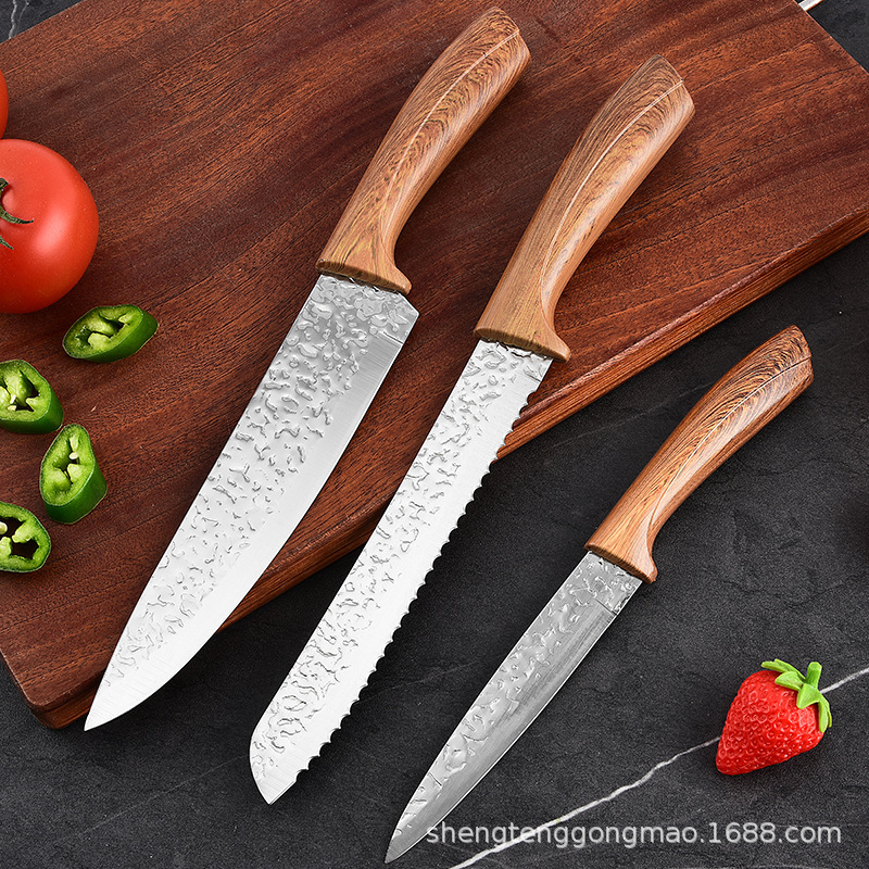 Fabricante al por mayor de utensilios de cocina de acero inoxidable 7 piezas de espejo de martillo de martillo de mango de revestimiento cuchillo de cocina cuchillo de pan conjunto de utensilios de cocina