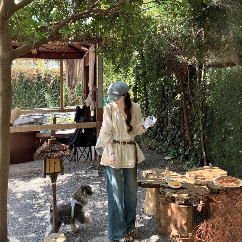 Korean-Style Gentle Style Ruffled Edge Design Drawstring Shirt Top Paired with Jeans 2026 Spring/Summer New Two-Piece Set