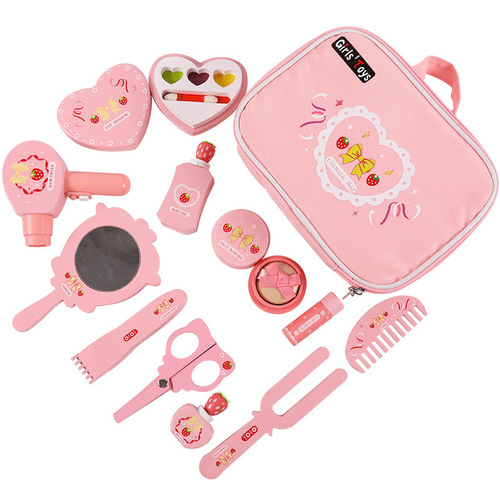 Toddler girl simulation cosmetic bag play house wooden barber bag princess dressing set gift makeup toy