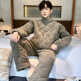 珊瑚绒加绒加厚男士三层夹棉睡衣2023年新款冬季天家居服大码套装