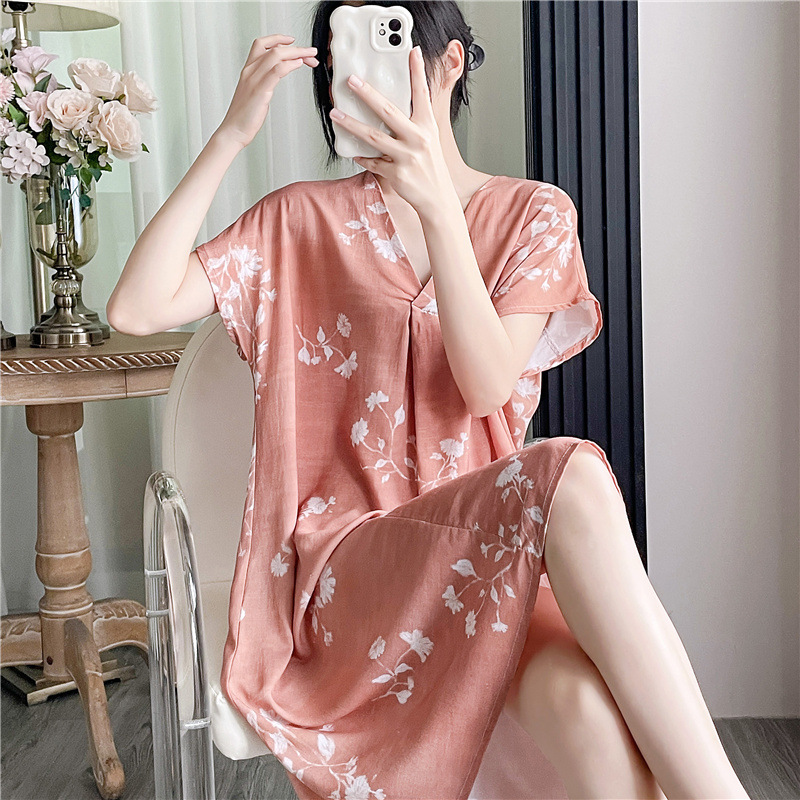 Camisón de seda de algodón para mujer verano nuevo Pijama estampado de dibujos animados de manga corta estilo coreano más tamaño ropa para el hogar suelta de seda de algodón delgada image 44
