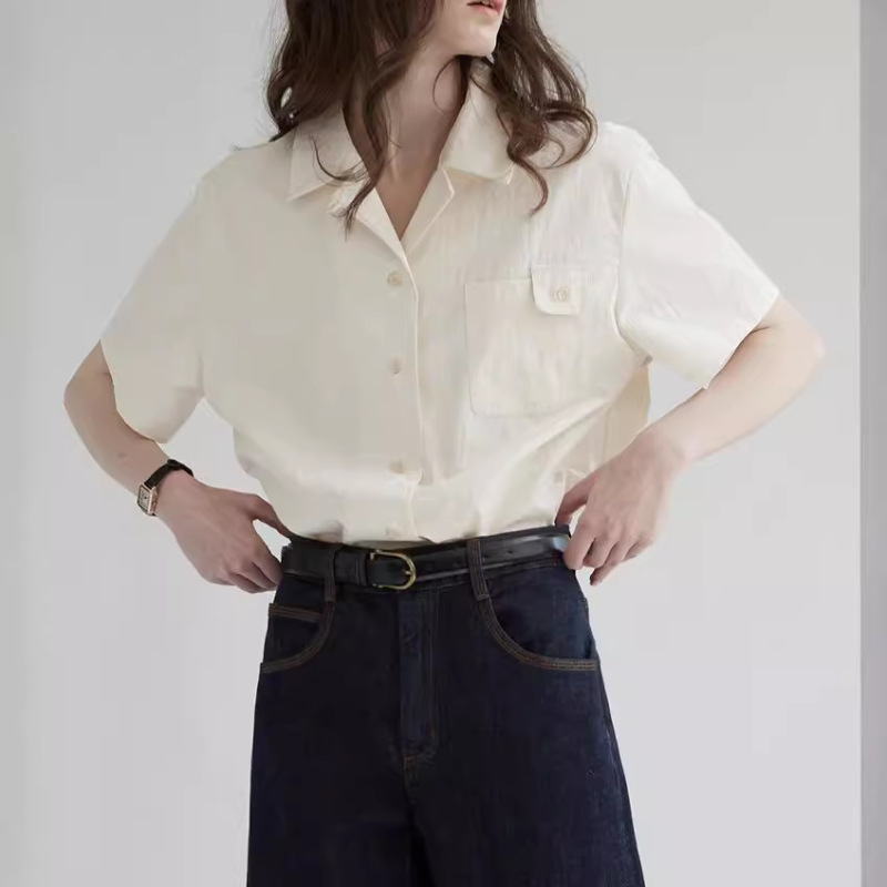 Pure Cotton Shirt for Women, 2026 Summer New Style, French Retro Cuban Collar, Small Pocket Flap Design Shirt Pure Cotton Shirt for Women, 2026 Summer New Style, French Retro Cuban Collar, Small Pocket Flap Design Shirt