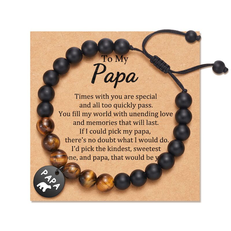 New Adjustable Black Frosted Volcanic Stone Electroplated Stainless Steel Papa Engraving Round Brand Bracelet Father's Day Gift