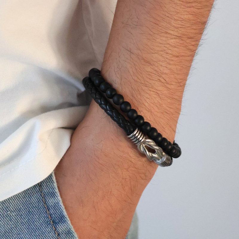 Cross-Border Men's Braided Beaded Bracelet Black Titanium Steel Bracelet Personalized Retro Leather Bracelet Fashionable and Versatile Hand Jewelry Cross-Border Men's Braided Beaded Bracelet Black Titanium Steel Bracelet Personalized Retro Leather Bracelet Fashionable and Versatile Hand Jewelry