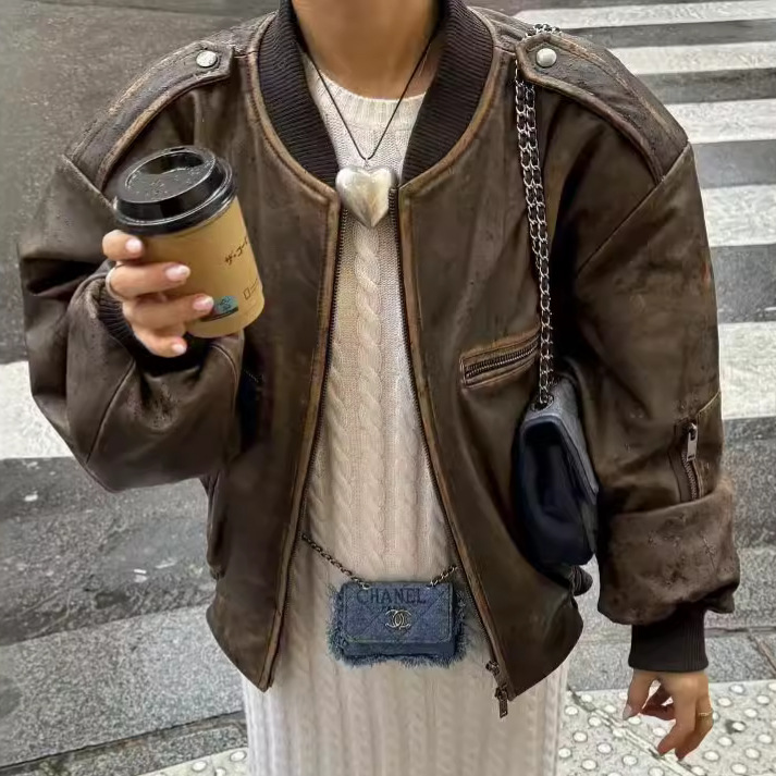 Vintage Color Dressed Leather Jacket Women's 2024 Autumn New American Style Lapneck Loose Short Jacket Biker Suit