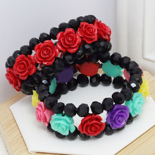 漆雕朱砂水晶玫瑰花手链新娘手镯女黑水晶手串民族风批发精致