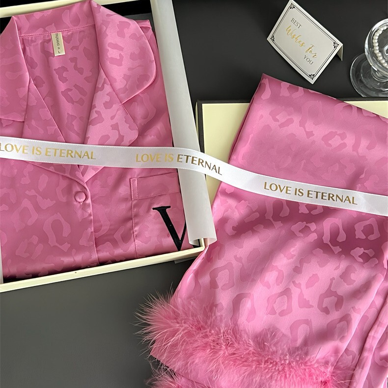 26 Cross-Border Foreign Trade High-End Feather-Style Pajamas for Women, Spring and Autumn Long-Sleeve Long-Pants Ice Silk Loungewear That Can Be Worn Outside