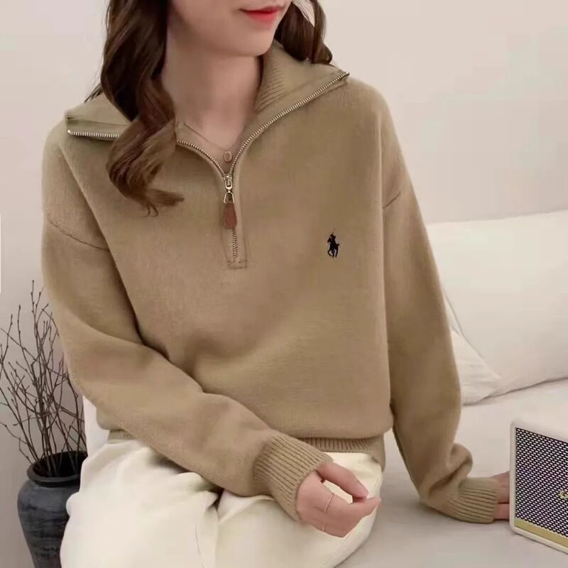 半拉链高级感套头毛衣秋冬季新款纯色设计感慵懒风外套上衣女装潮|undefined