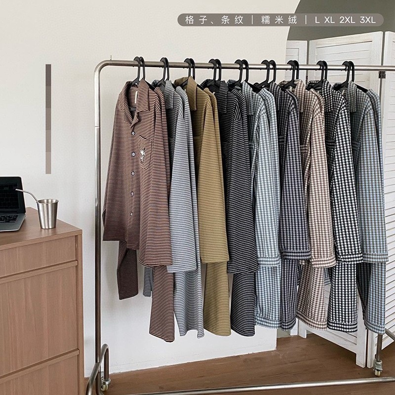 Korean Warm Velvet Glutinous Rice Velvet Men's Home Wear Suit Thickeneded Warm Pajamas Suit Stripesd Plaid Lapel Cardigan