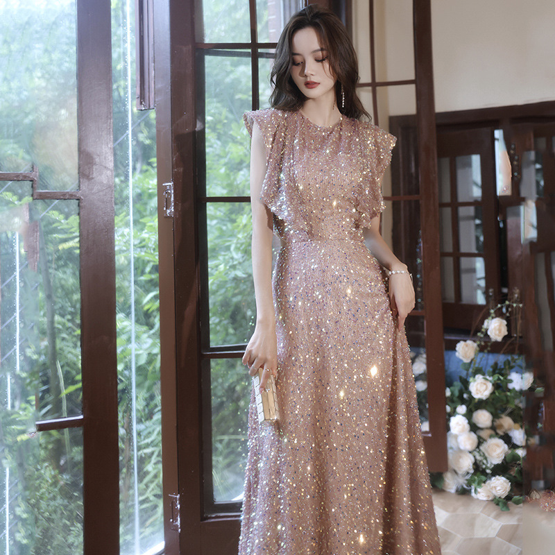 Evening Dress for Women, Champagne Color, Elegant for Banquets, High-End New Model, Annual Meeting Host Dress, Light Luxury, Niche High-End