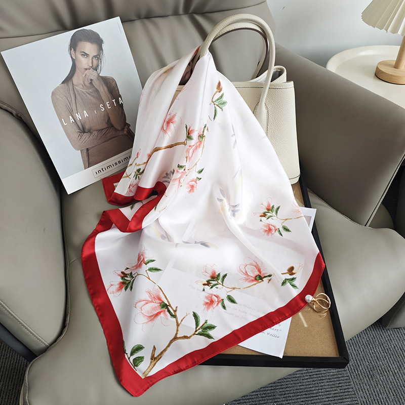 Bufanda de seda, bufanda cuadrada pequeña con cuello, flor rosa claro, bufanda de seda de imitación, viaje de verano para mujer, bufanda pequeña fresca y dulce